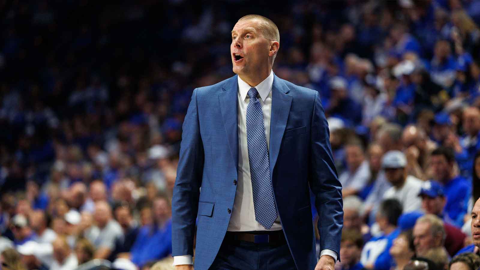 Kentucky Wildcats head coach Mark Pope calls out a play during the first half against the Nicholls Colonels at Rupp Arena at Central Bank Center.