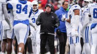 Kentucky Wildcats head coach Mark Stoops during a timeout with his team as the Cats played Louisville Saturday, November 29, 2025 in Louisville, Kentucky at L&N Federal Credit Union Stadium. The Cats fell to 5-7 with the 41-0 loss to the Cardinals; missing out on a bowl.
