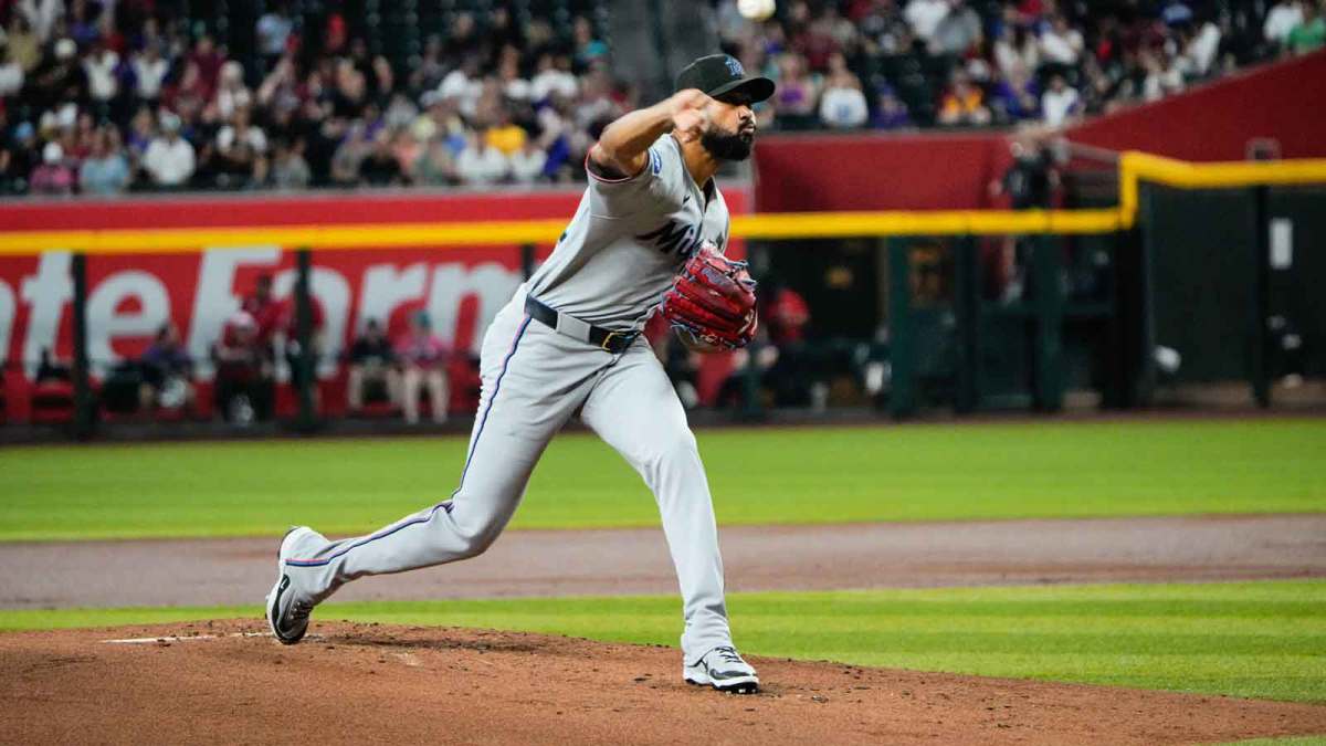 Miami Marlins pitcher Sandy Alcantara (22) during the first inning during a game between the Arizona Diamondbacks and the Miami Marlins at Chase Field.