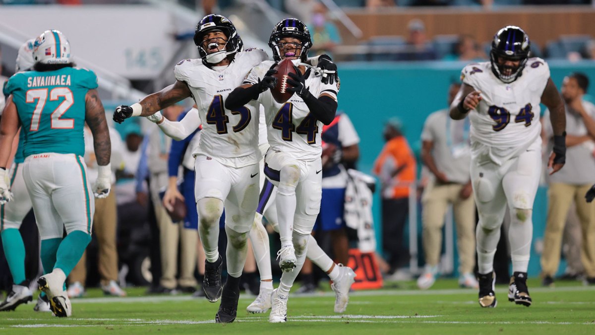 Baltimore Ravens cornerback Marlon Humphrey (44) reacts after a fumble during the fourth quarter against the Miami Dolphins at Hard Rock Stadium.