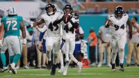 Baltimore Ravens cornerback Marlon Humphrey (44) reacts after a fumble during the fourth quarter against the Miami Dolphins at Hard Rock Stadium.
