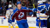 Colorado Avalanche center Martin Necas (88) celebrates his goal scored in the first period against the Buffalo Sabres at Ball Arena.