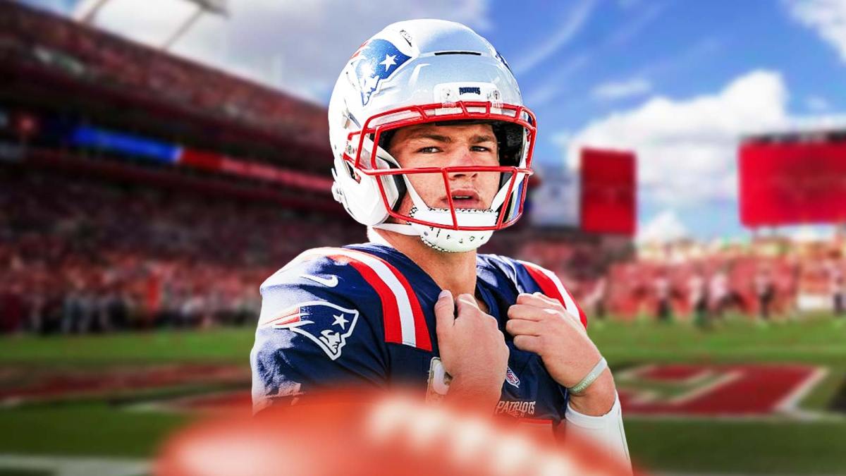 Patriots' Drake Maye with Raymond James Stadium in the background