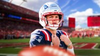 Patriots' Drake Maye with Raymond James Stadium in the background