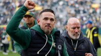 Green Bay Packers head coach Matt LaFleur pumps his fist as he runs off the field after defeating the Minnesota Vikings on Sunday, November 23, 2025, at Lambeau Field in Green Bay, Wis. The Packers won the game, 23-6.