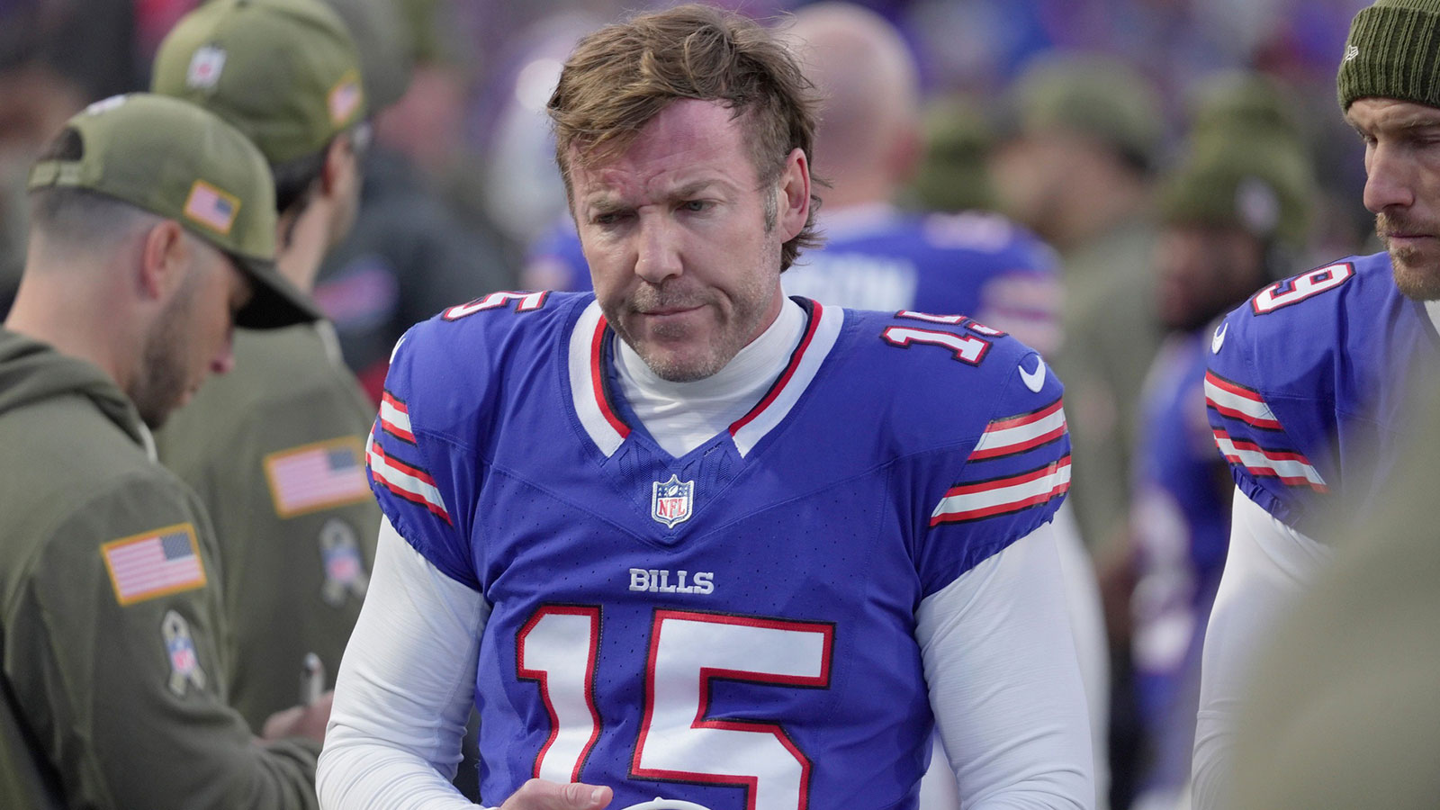 Buffalo Bills place kicker Matt Prater walks over to the bench during first half action against the Kansas City Chiefs at Highmark Stadium in Orchard Park on Nov. 2, 2025.
