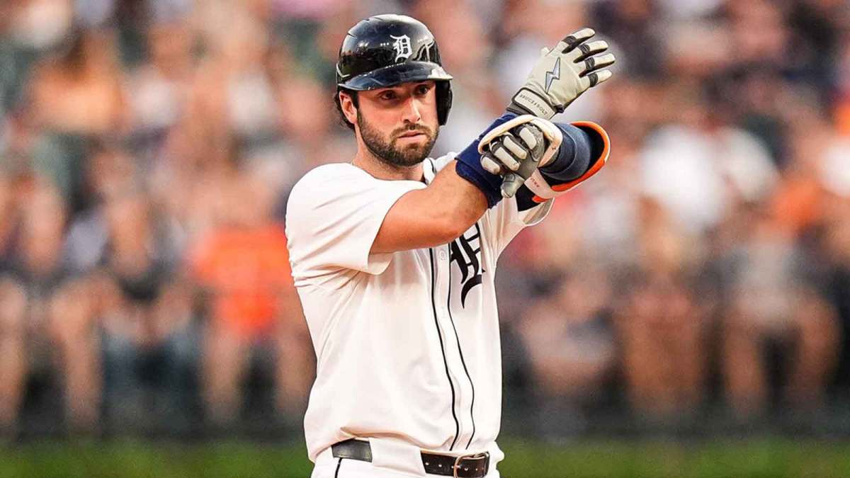 Detroit Tigers center fielder Matt Vierling (8) bats a double against Minnesota Twins during the fifth inning at Comerica Park in Detroit.