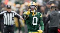 Green Bay Packers wide receiver Matthew Golden (0) reacts after a 35-yard reception during the second quarter of their game against the Cincinnati Bengals Sunday, October 12, 2025 at Lambeau Field in Green Bay, Wisconsin.