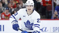 Toronto Maple Leafs left wing Matthew Knies (23) reacts during the first period at United Center