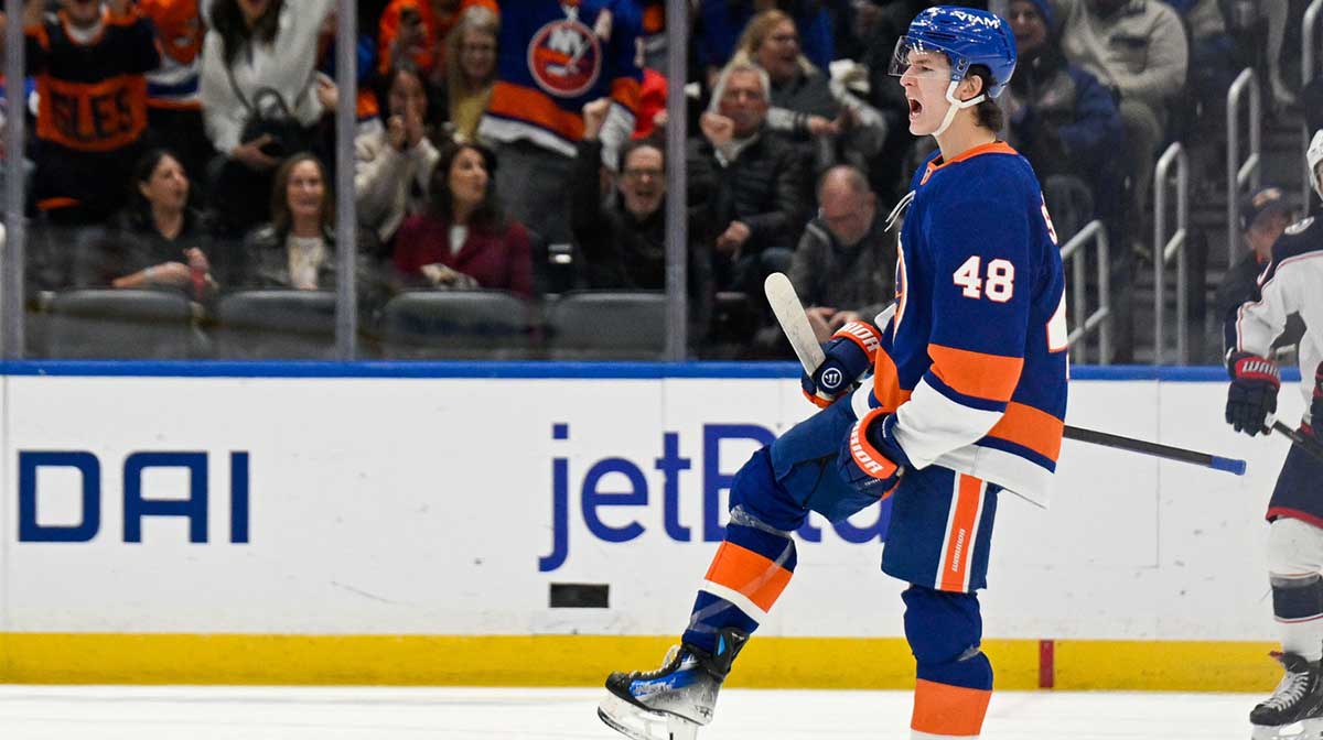 New York Islanders defenseman Matthew Schaefer (48) celebrates his goal against the Columbus Blue Jackets during the first period at UBS Arena.