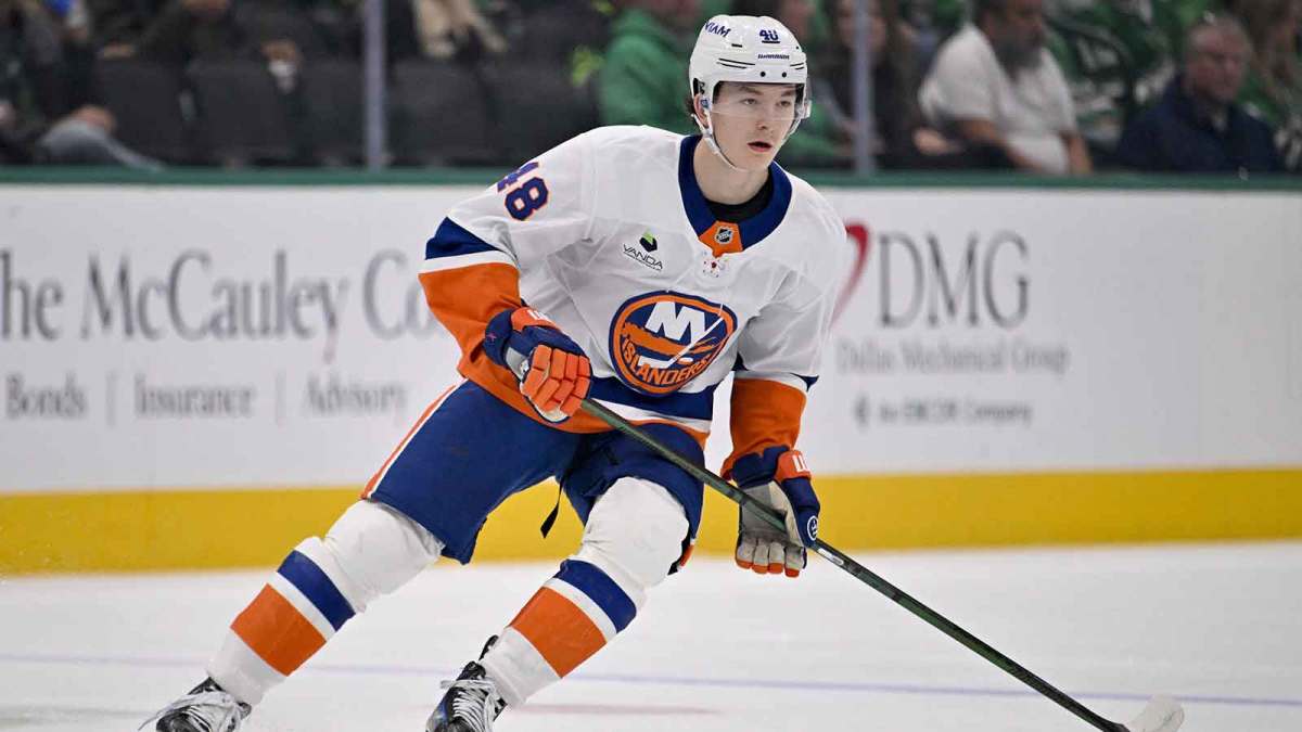 New York Islanders defenseman Matthew Schaefer (48) skates against the Dallas Stars during the first period at the American Airlines Center.