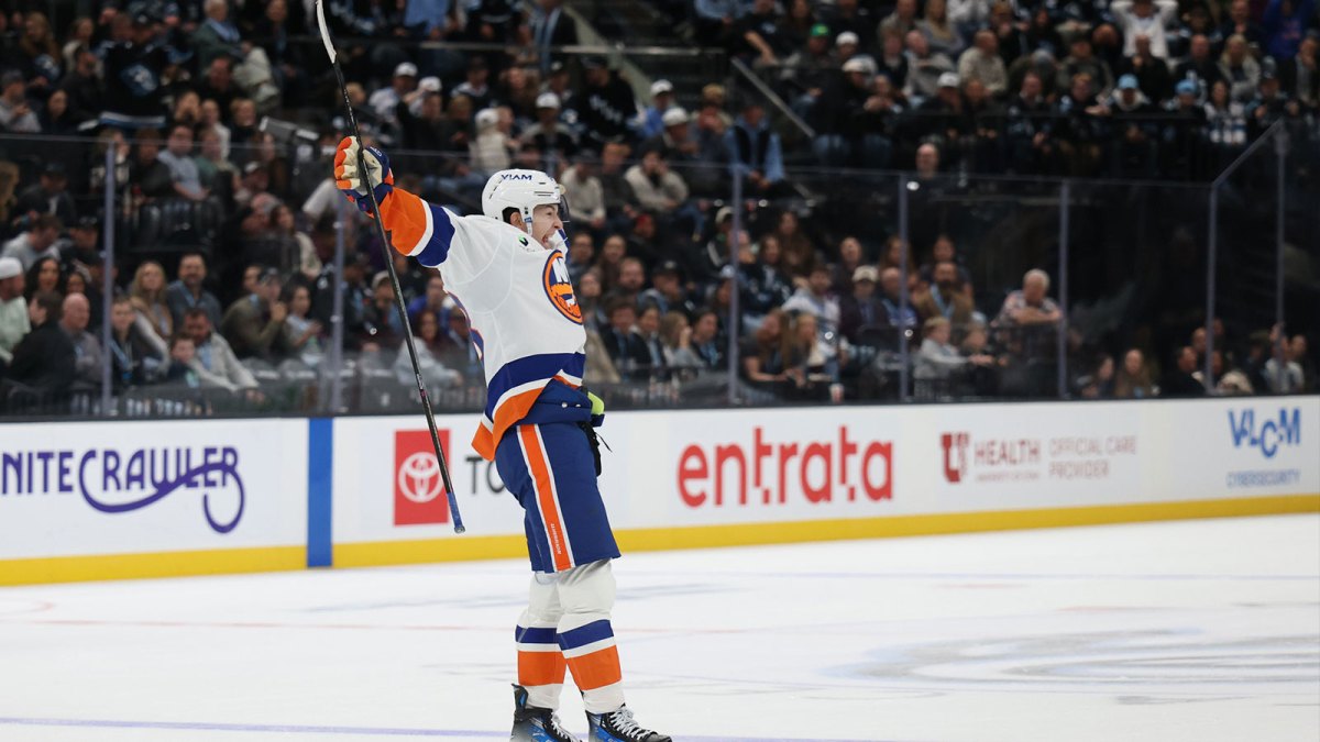 New York Islanders defenseman Matthew Schaefer (48) reacts to scoring the game winning goal against the Utah Mammoth during overtime at Delta Center.
