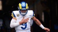 Los Angeles Rams quarterback Matthew Stafford (9) takes the field before the game against the Carolina Panthers at Bank of America Stadium.