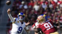 Los Angeles Rams quarterback Matthew Stafford (9) throws a pass during the first quarter against the San Francisco 49ers at Levi's Stadium.