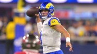 Los Angeles Rams quarterback Matthew Stafford (9) sets to pass against the Tampa Bay Buccaneers during the second half at SoFi Stadium.