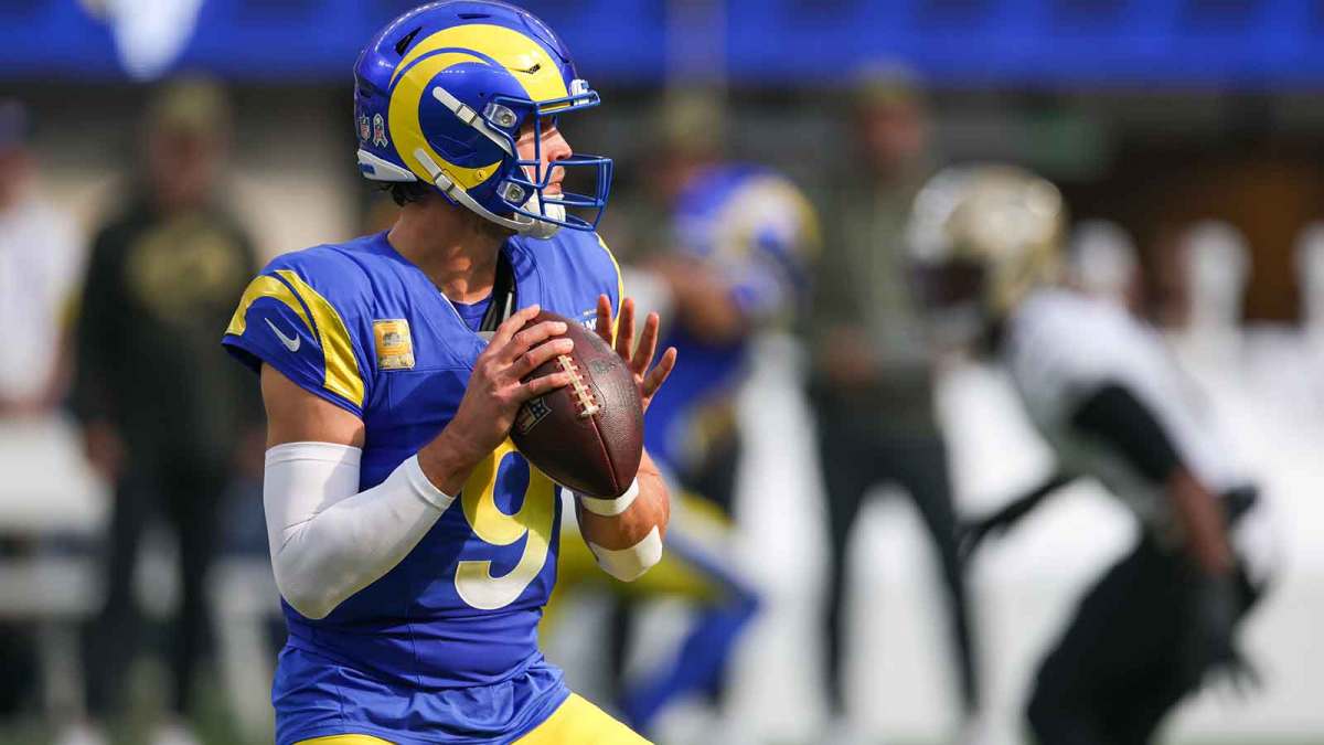 Los Angeles Rams quarterback Matthew Stafford (9) stands in the pocket against the New Orleans Saints during the first half at SoFi Stadium.