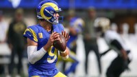 Los Angeles Rams quarterback Matthew Stafford (9) stands in the pocket against the New Orleans Saints during the first half at SoFi Stadium.