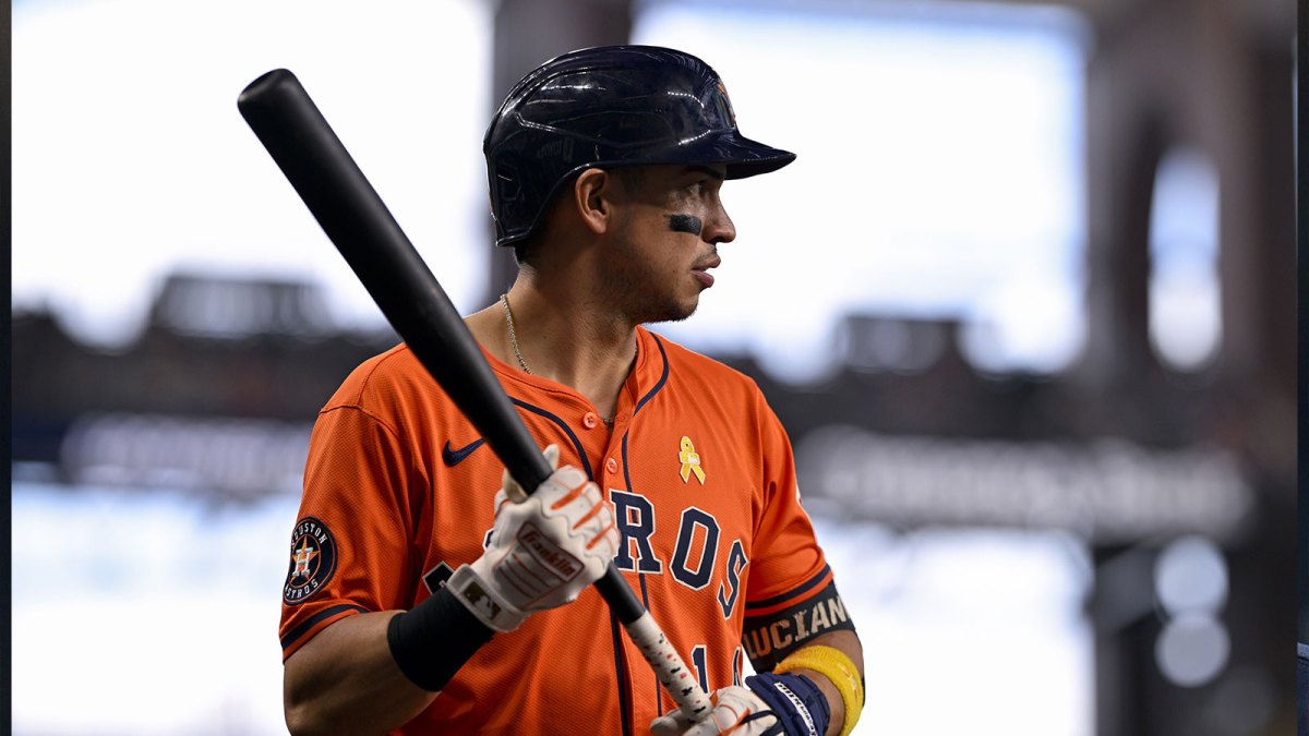 Houston Astros second baseman Mauricio Dubon (14) walks to the on-deck circle during the game between the Texas Rangers and the Houston Astros at Globe Life Field