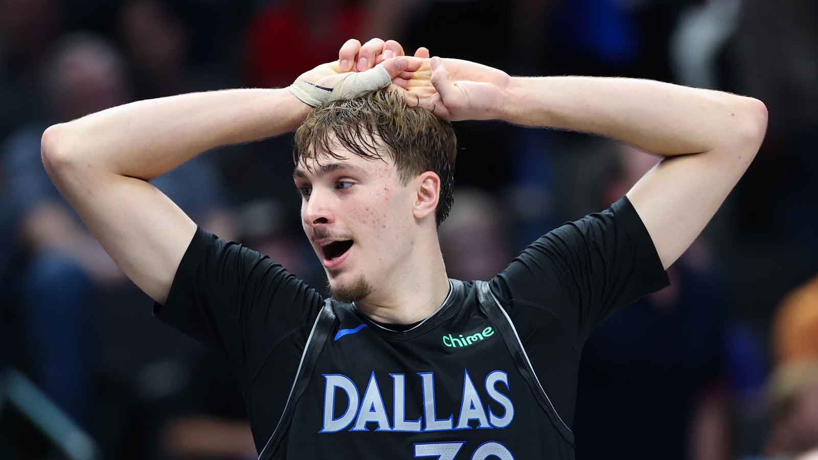 Dallas Mavericks forward Cooper Flagg (32) reacts during the second half against the Portland Trail Blazers at American Airlines Center.