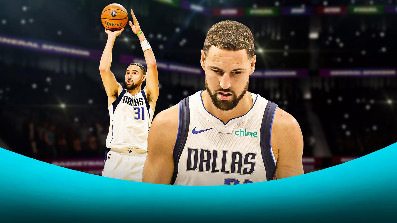 Mavericks Klay Thompson in front looking serious. Mavericks Klay Thompson shooting a basketball in background.