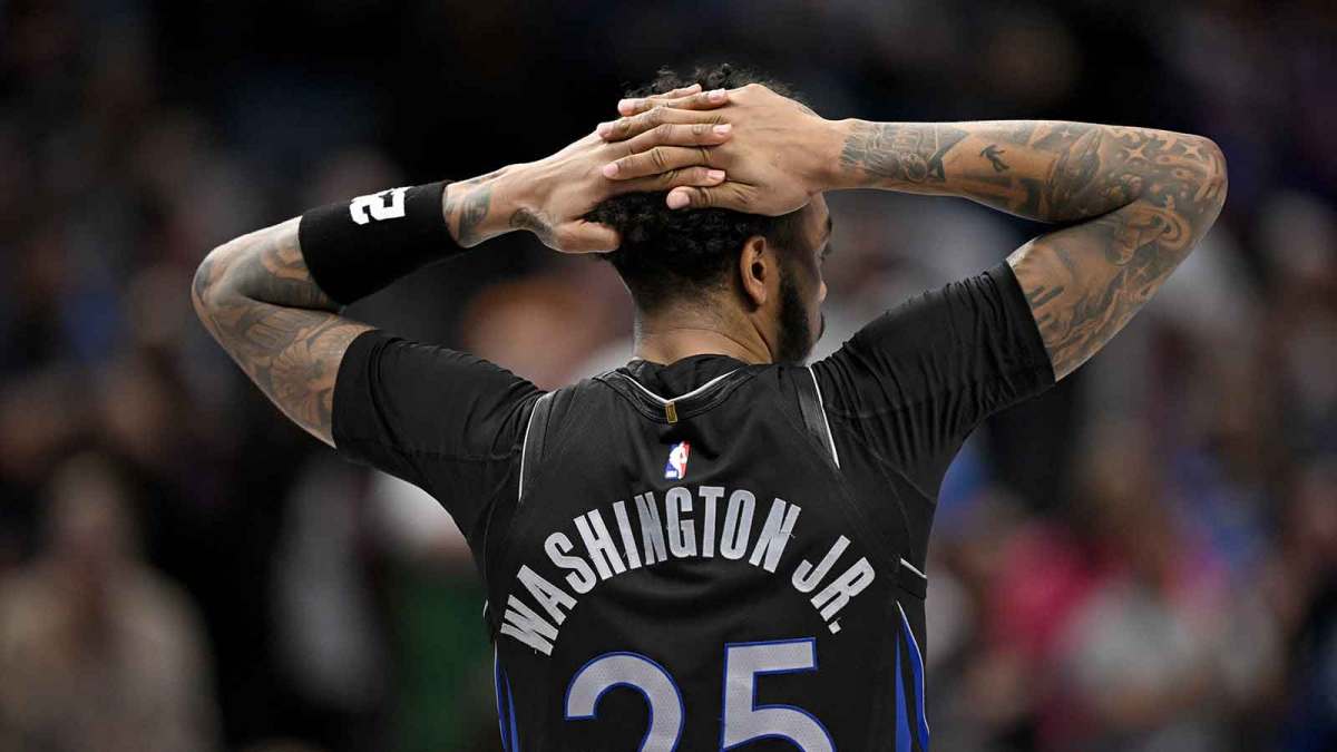 Dallas Mavericks forward P.J. Washington (25) reacts to an offensive foul call on guard Brandon Williams (not pictured) during the fourth quarter against the New York Knicks at the American Airlines Center.