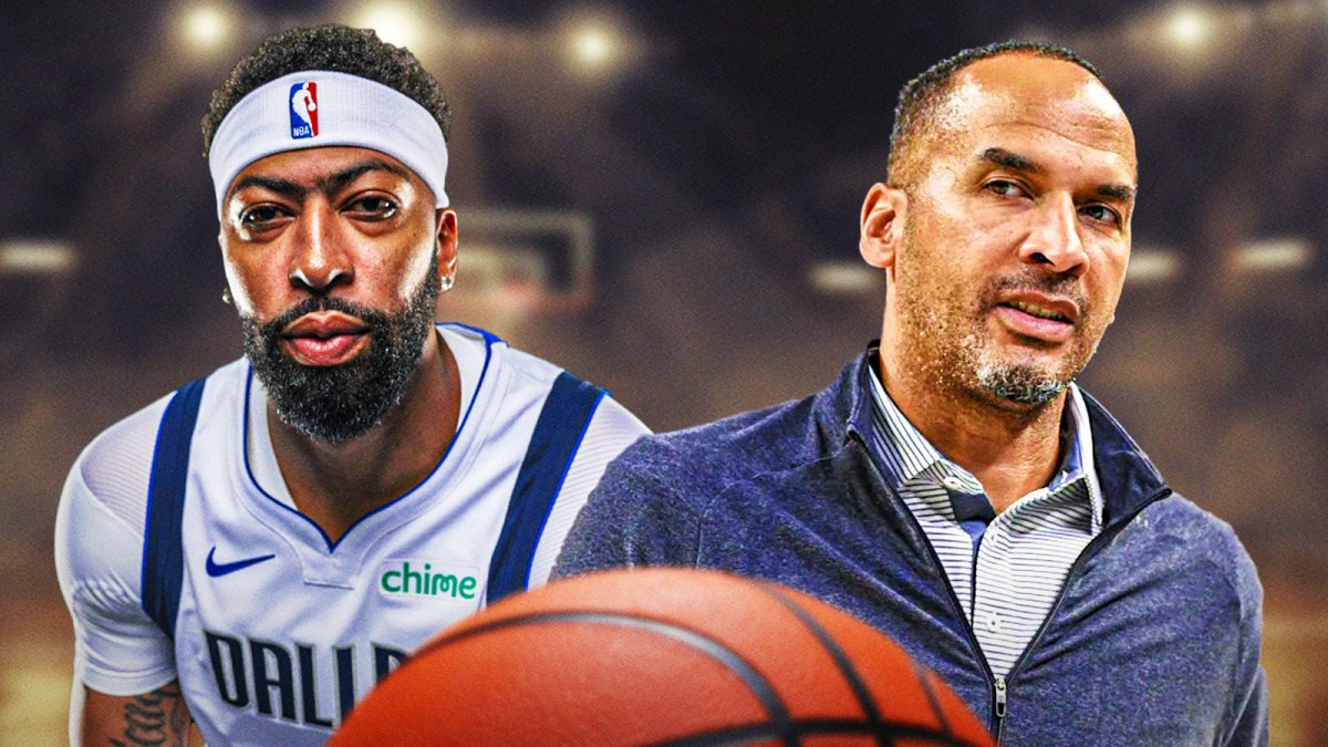 Mavericks Anthony Davis looking serious on left, Nico Harrison looking serious on right.