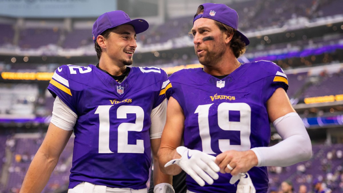 Minnesota Vikings quarterback Max Brosmer (12) and wide receiver Adam Thielen (19) following the game against the Cincinnati Bengals at U.S. Bank Stadium.