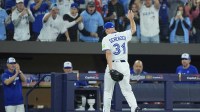 Toronto Blue Jays pitcher Max Scherzer (31) is relieved in the fifth inning against the Los Angeles Dodgers during game seven of the 2025 MLB World Series at Rogers Centre.
