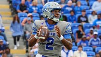 Memphis Tigers quarterback Brendon Lewis (2) looks to pass the ball against the South Florida Bulls during the second half at Simmons Bank Liberty Stadium.