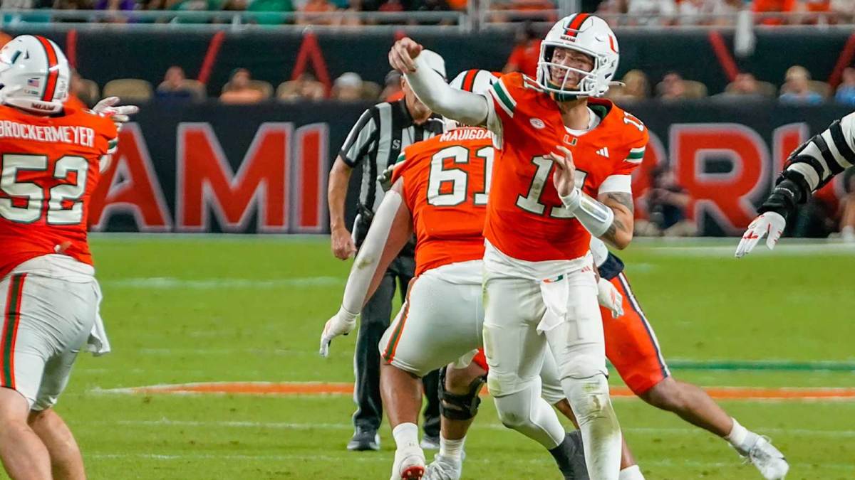 Miami Hurricanes quarterback Carson Beck (11) throws a pass against the Syracuse Orange during the third quarter at Hard Rock Stadium.