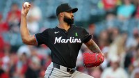 Miami Marlins starting pitcher Sandy Alcantara (22) pitches during the second inning against the Los Angeles Angels at Angel Stadium.