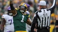 Green Bay Packers defensive end Micah Parsons (1) celebrates after sacking Minnesota Vikings quarterback J.J. McCarthy on Sunday, November 23, 2025, at Lambeau Field in Green Bay, Wis. The Packers won the game, 23-6.