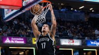 Brooklyn Nets forward Michael Porter Jr. (17) shoots the ball in the second half against the Indiana Pacers at Gainbridge Fieldhouse.