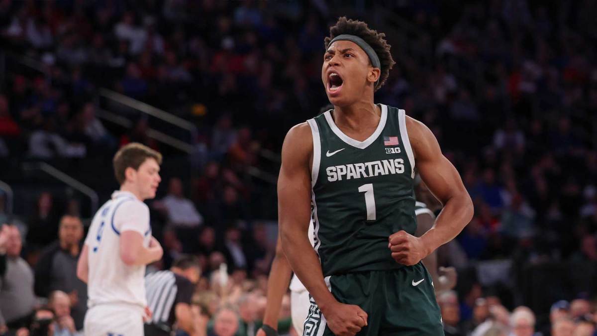Michigan State Spartans guard Jeremy Fears Jr. (1) reacts during the second half against the Kentucky Wildcats at Madison Square Garden.