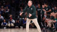 Michigan State Spartans head coach Tom Izzo reacts during the second half against the Kentucky Wildcats at Madison Square Garden.