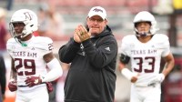 Texas A&M Aggies head coach Mike Elko prior to the game against the Arkansas Razorbacks at Donald W. Reynolds Razorback Stadium.