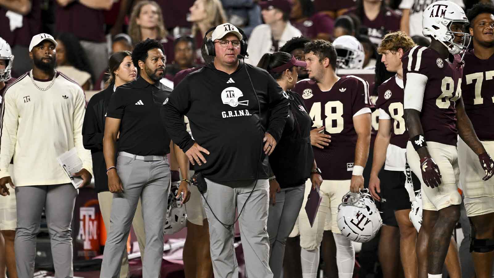 Texas A&M Aggies head coach Mike Elko looks on during the third quarter against the Florida Gators at Kyle Field.