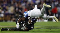 Detroit Lions tight end Sam Laporta (87) makes a catch against Baltimore Ravens linebacker Mike Green (45) during the first half at M&T Bank Stadium.