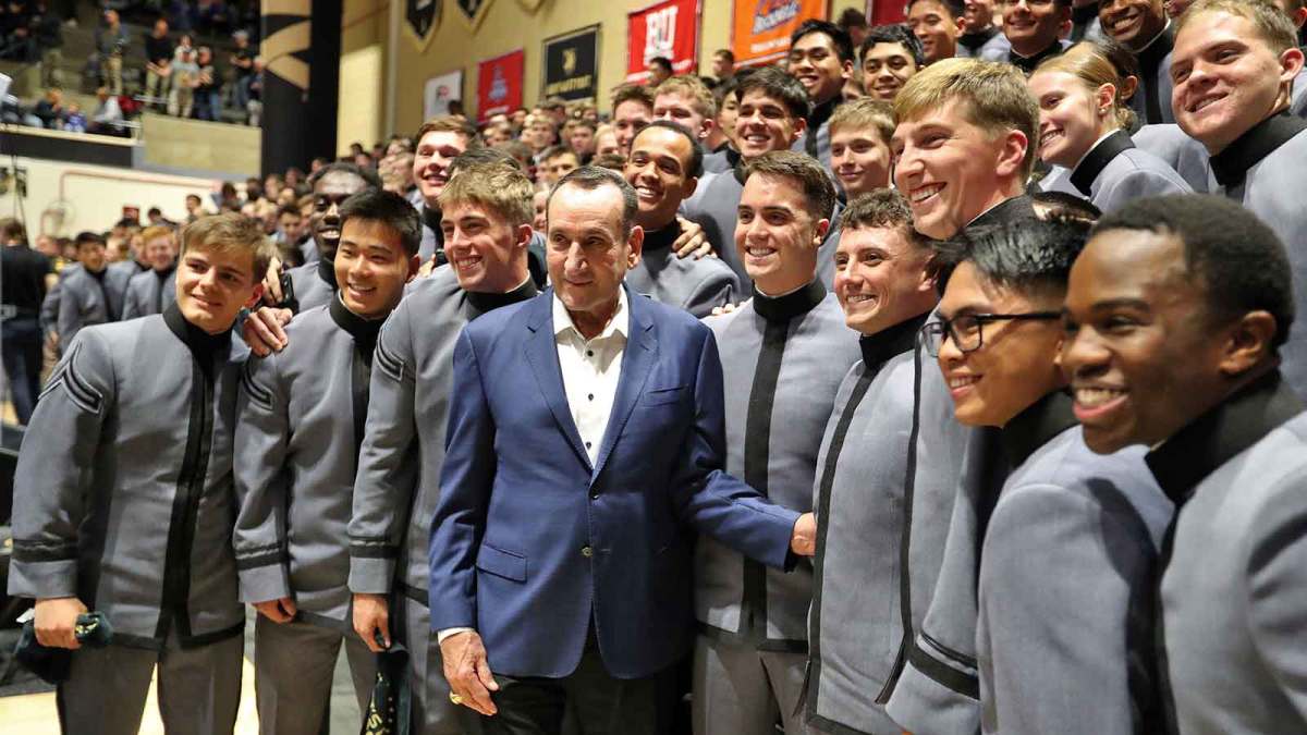 Nov 11, 2025; West Point, New York, USA; Former Duke Blue Devils and Army head coach Mike Krzyzewski is honored by West Point before a game between the Army Black Knights and Duke Blue Devils at Christl Arena. Mandatory Credit: Danny Wild-Imagn Images