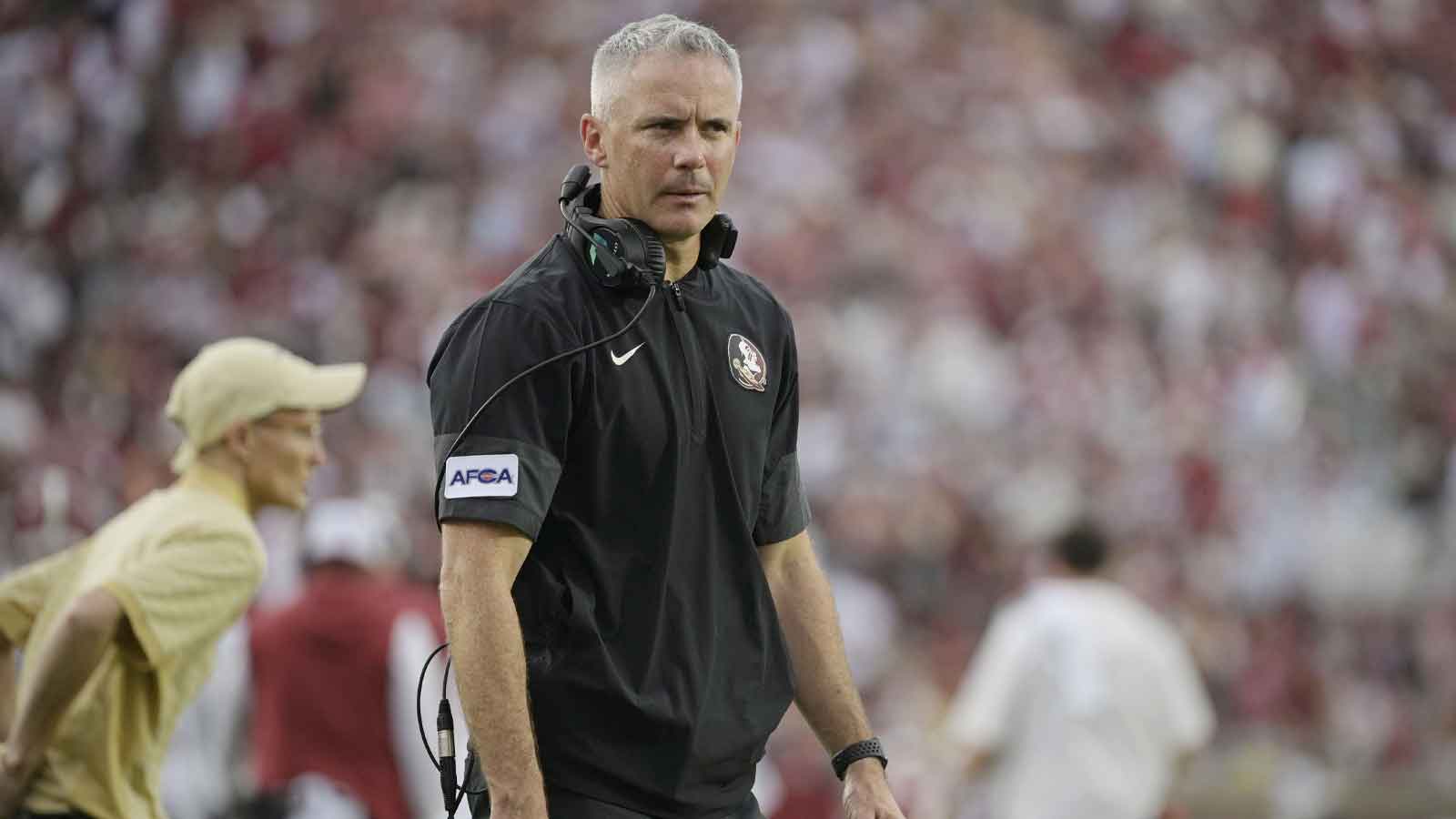 Florida State Seminoles head coach Mike Norvell reacts after a play against the Alabama Crimson Tide during the second half at Doak S. Campbell Stadium.