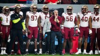 Florida State Seminoles head coach Mike Norvell reacts during the first half of the game against NC State Wolfpack at Carter-Finley Stadium.