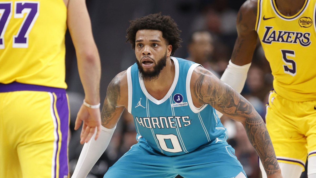 Charlotte Hornets forward Miles Bridges (0) on defense during the second half against the Los Angeles Lakers at Spectrum Center.