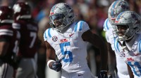 Mississippi Rebels running back Kewan Lacy (5) celebrates after scoring a touchdown against the Mississippi State Bulldogs in the first half at Davis Wade Stadium at Scott Field.