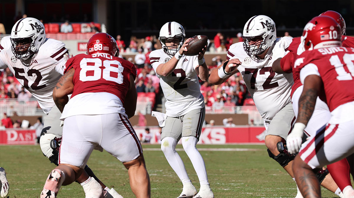 Mississippi State Bulldogs quarterback Blake Shapen (2) in shotgun formation during the first quarter against the Arkansas Razorbacks at Donald W. Reynolds Razorback Stadium.