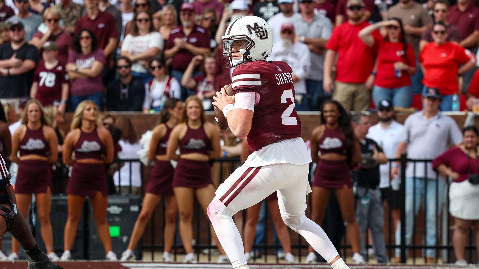 Mississippi State Bulldogs quarterback Blake Shapen (2) looks to pass the ball against the Georgia Bulldogs during the first half at Davis Wade Stadium at Scott Field.