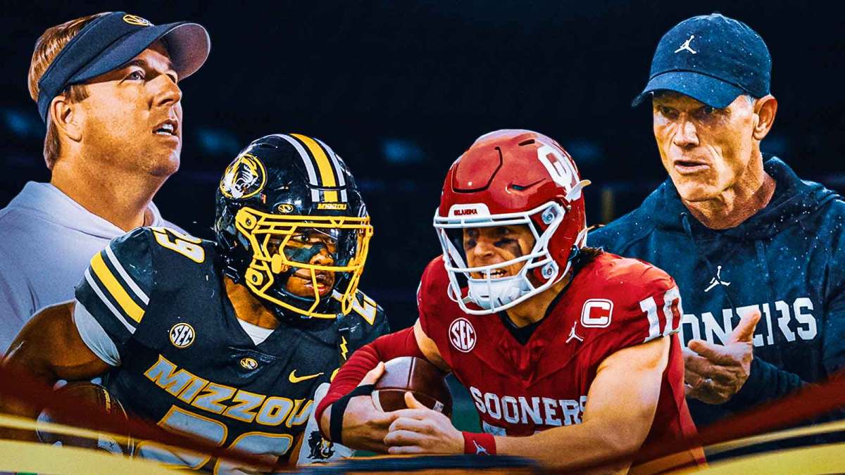 Eli Drinkwitz and Ahmad Hardy on the left, Brent Venable and John Mateer on the right.