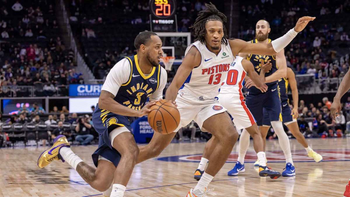 Indiana Pacers guard Monte Morris (3) drives to the basket as Detroit Pistons forward Isaac Jones (13) defends during the second half at Little Caesars Arena.
