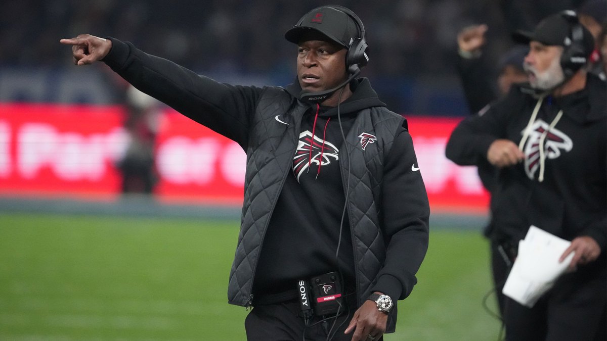 Atlanta Falcons head coach Raheem Morris reacts against the Indianapolis Colts during the NFL Berlin Game at Olympic Stadium.