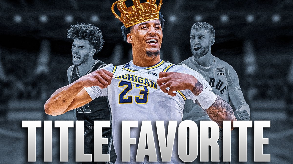 Yaxel Lendeborg in the center with a crown - hyped up, like the center of attention. Cameron Boozer on the left - Braden Smith on the right - both blurred out a bit, like fading away. Text overlay: "TITLE FAVORITE"