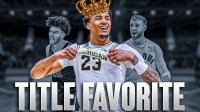 Yaxel Lendeborg in the center with a crown - hyped up, like the center of attention. Cameron Boozer on the left - Braden Smith on the right - both blurred out a bit, like fading away. Text overlay: "TITLE FAVORITE"